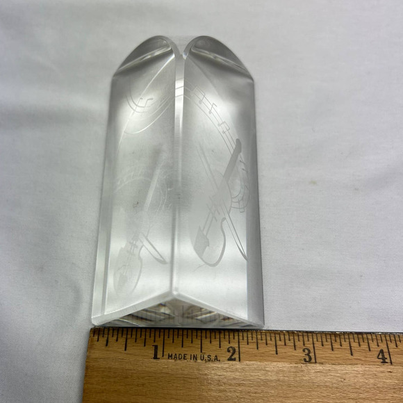 Violin & Musical Notes Etched Crystal Paper Weight 4" x 2.25" Orchestra Office - Picture 4 of 7